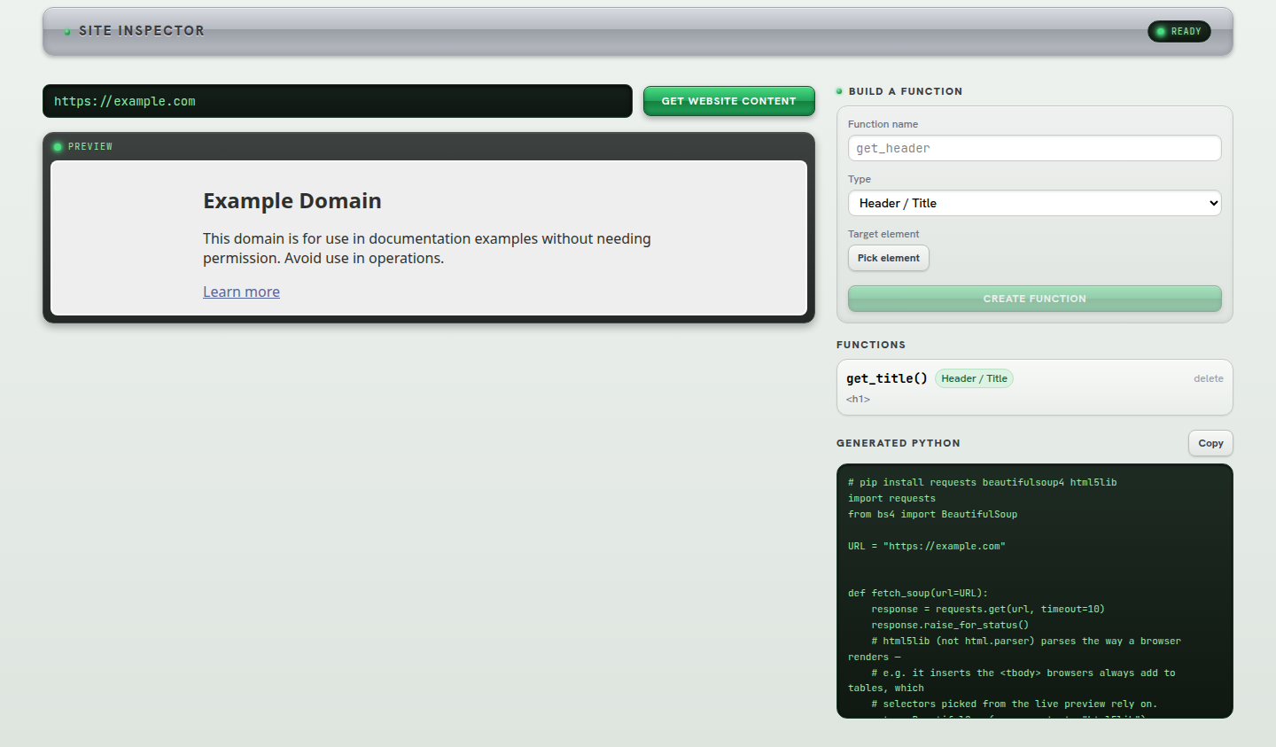 Picking an element on example.com and getting a generated BeautifulSoup function back